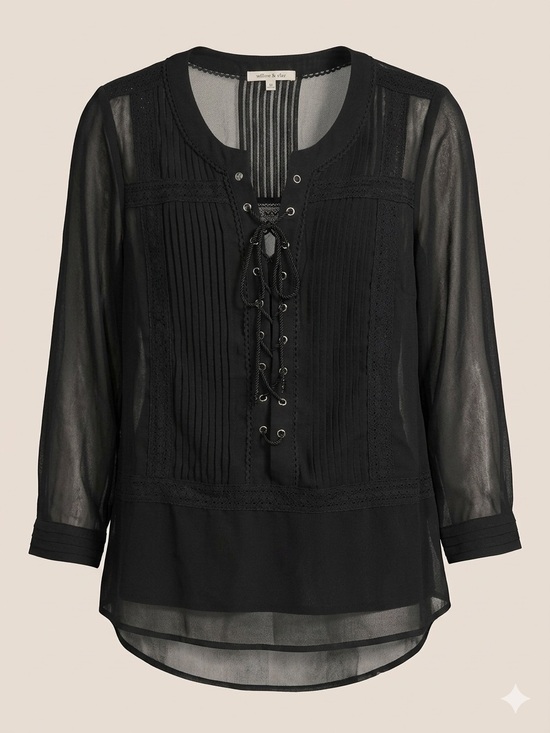 Willow & Clay Tops - XS NWOT Willow & Clay Black Lace-Up Sheer Pintuck 3/4 Sleeve Top